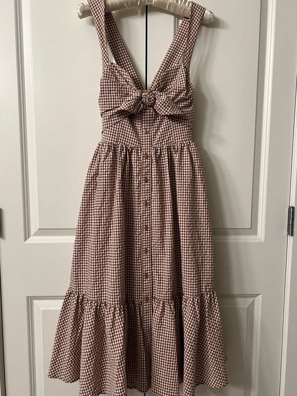 Maeve (by Anthropologie): Brown Gingham Tie-Front Midi Dress